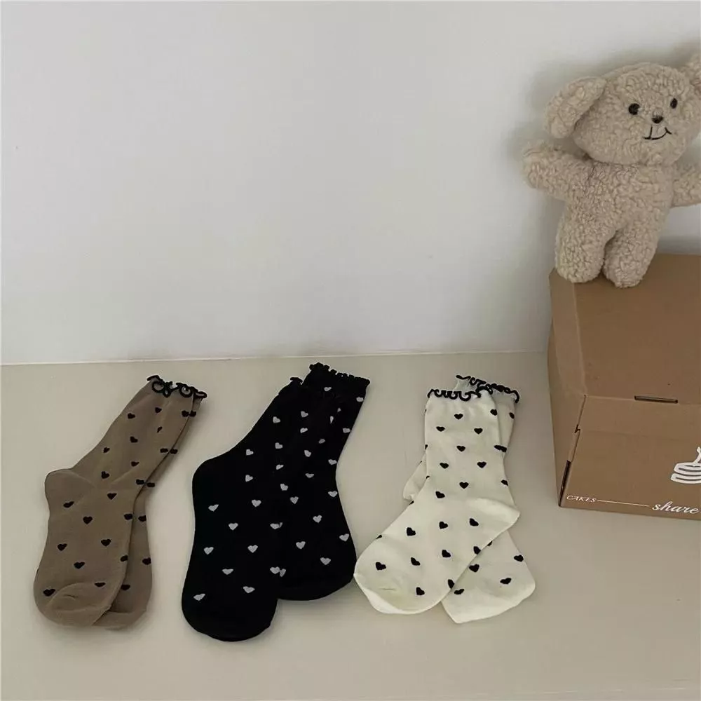 New Heart Print Socks Women Lolita Sweet Girls Kawaii Cute Ruffles Socks Japanese Style Autumn Winter Vintage Cotton Long Socks