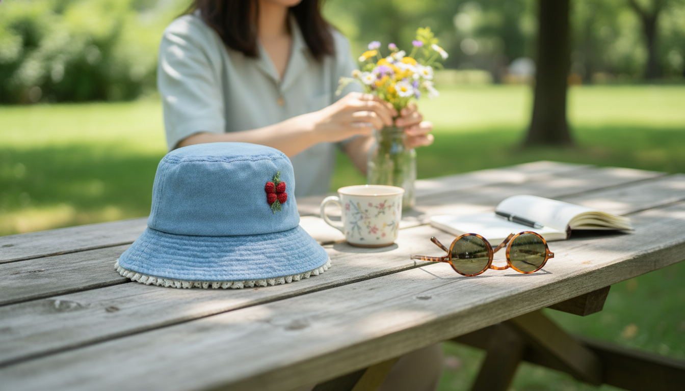 Handmade Denim Bucket Hat with Retro Lace Edge
