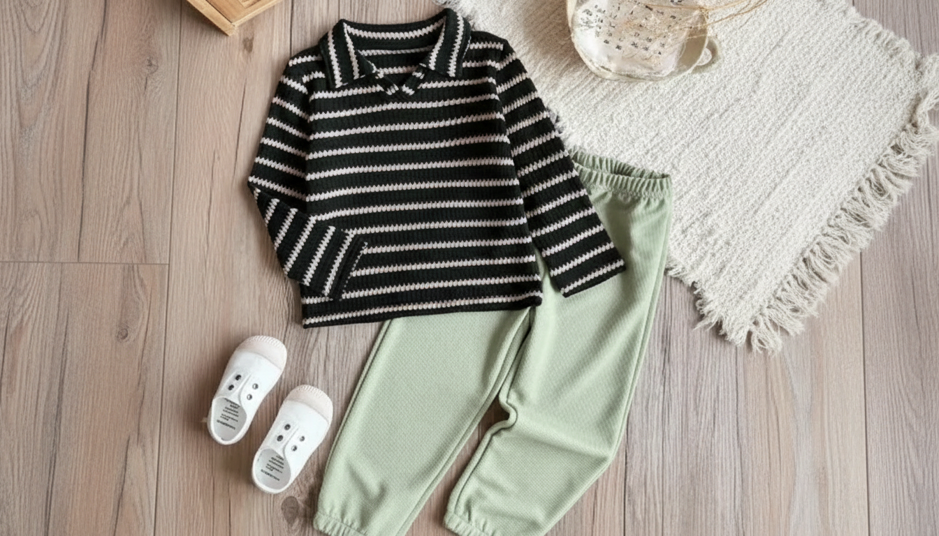 Boys V-Neck Striped Shirt & Waffle Pants Set Guide