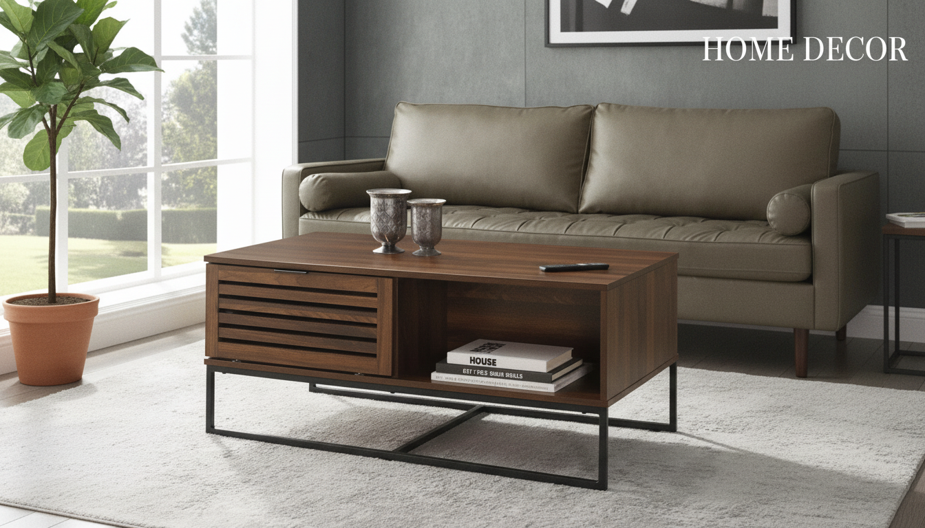 Dark Walnut Slat-Door Storage Coffee Table for Modern Rooms