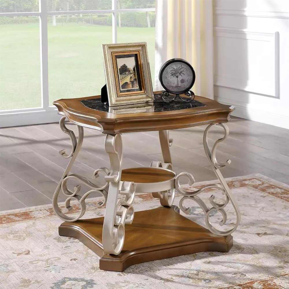 2-Tier Retro Coffee Table: Wood, Metal Legs & Marble Top